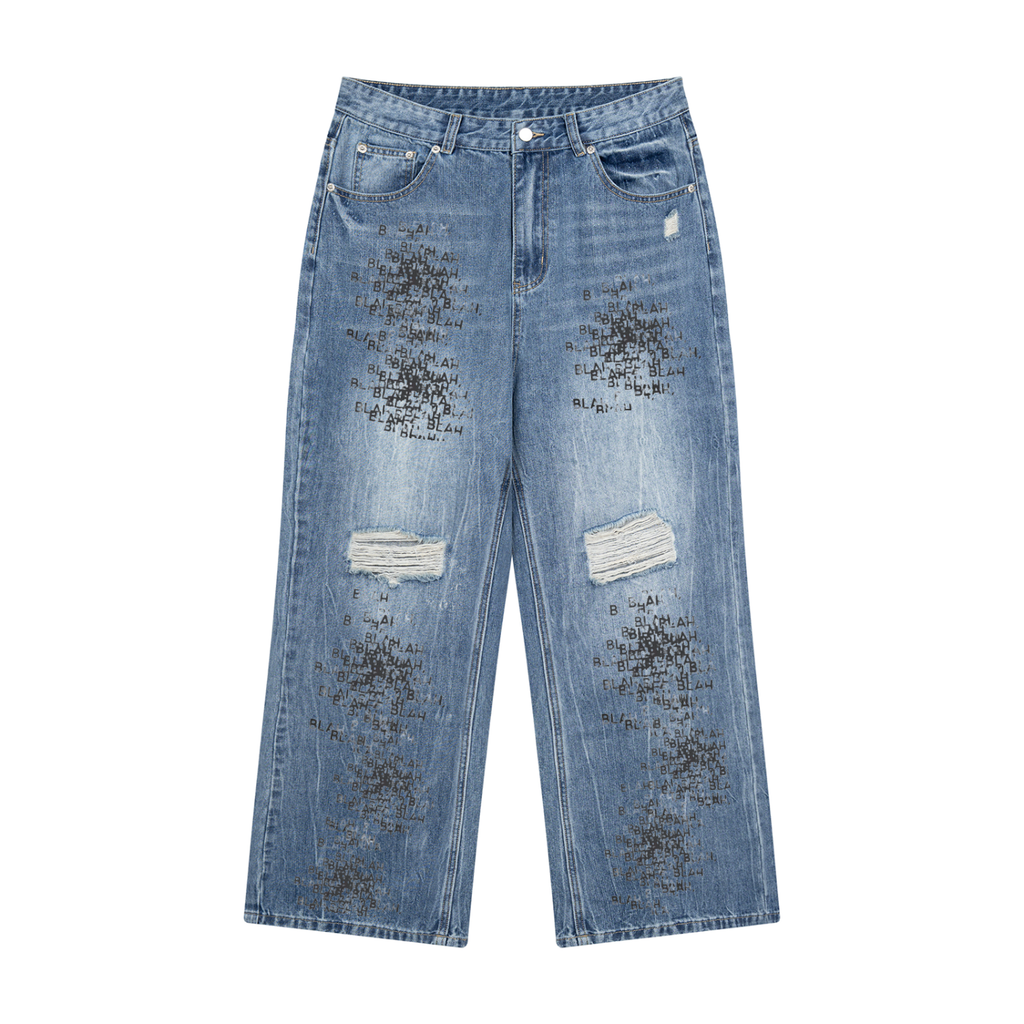 RHETORICAL EXHAUSTION Stamped and Distressed Straight Leg Denim Jeans