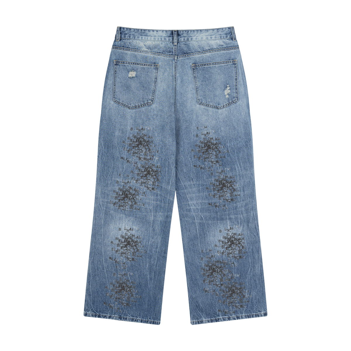 RHETORICAL EXHAUSTION Stamped and Distressed Straight Leg Denim Jeans