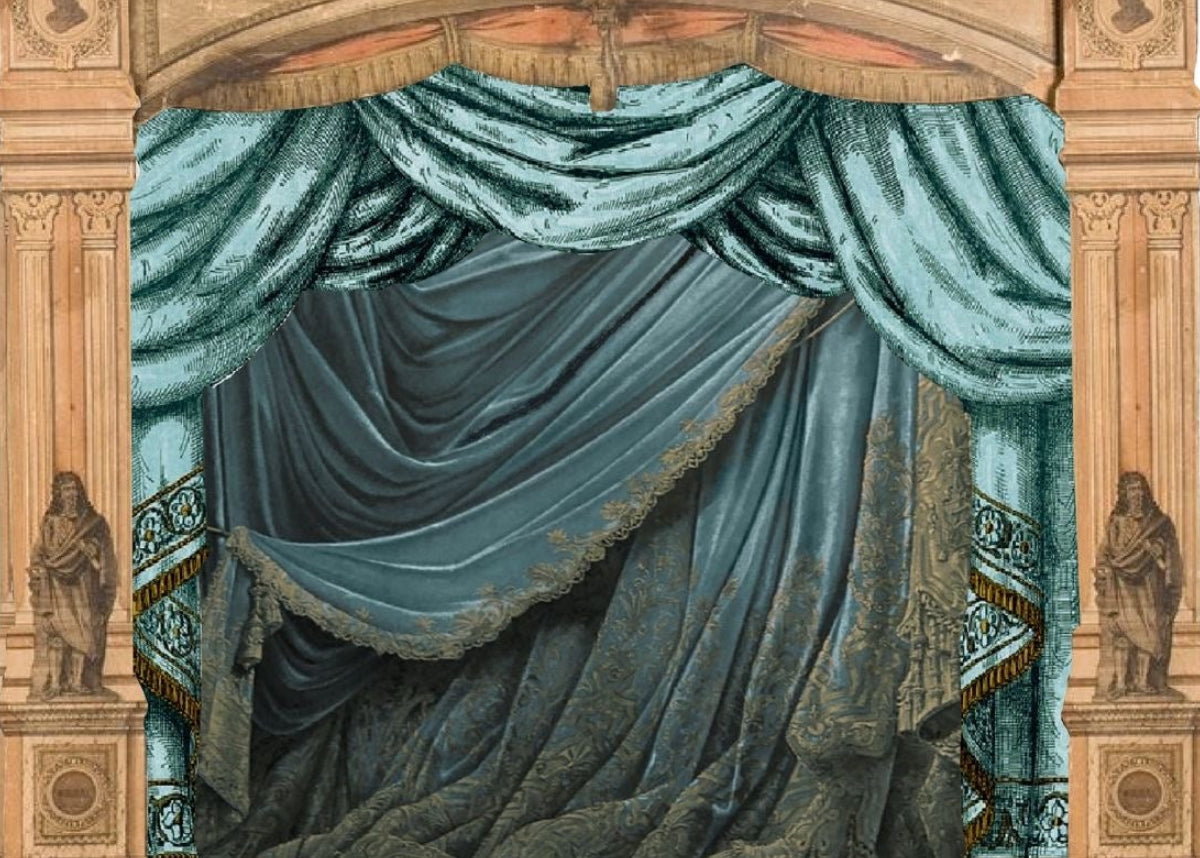 A large wall mural or wallpaper depicting a classical stage set with a wooden proscenium arch and a teal-blue draped curtain, shown against a plain white background.